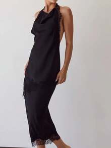 2 Piece Outfit Satin Halter Midi Slip Dress Matching Shrug Eyelash Lace Trim Open Back Cowl Neck Party Evening Set - Black - View 4