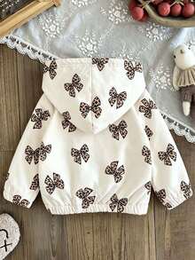 Young Girls Bow Pattern Print Warm Hooded Jacket - White - View 3