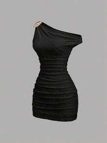 Vestido de vacaciones plisado con textura y hombro asimétrico, estilo Y2K sexy - Negro - Ver 1