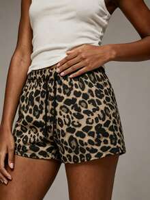 mulinsen Celana Pendek Olahraga Lari Wanita Seksi Motif Leopard, Panjang 3/4, Desain Tali Serut, Celana Pendek Olahraga Musim Panas yang Bernapas - Coklat - View 9