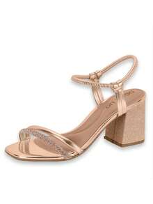 Vizzano Sandália Feminina Beira Rio Calcados Femininos Salto Bloco Salto Médio Elegante Brilho Glitter Metalizado Festa Casamento Formatura Dourado - Rosê - Visão 4