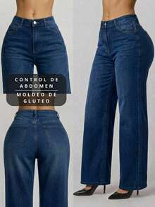 Pantalón Mezclilla Stretch Mujer Corte Amplio Cintura Alta - Azul lavado oscuro - Ver 2