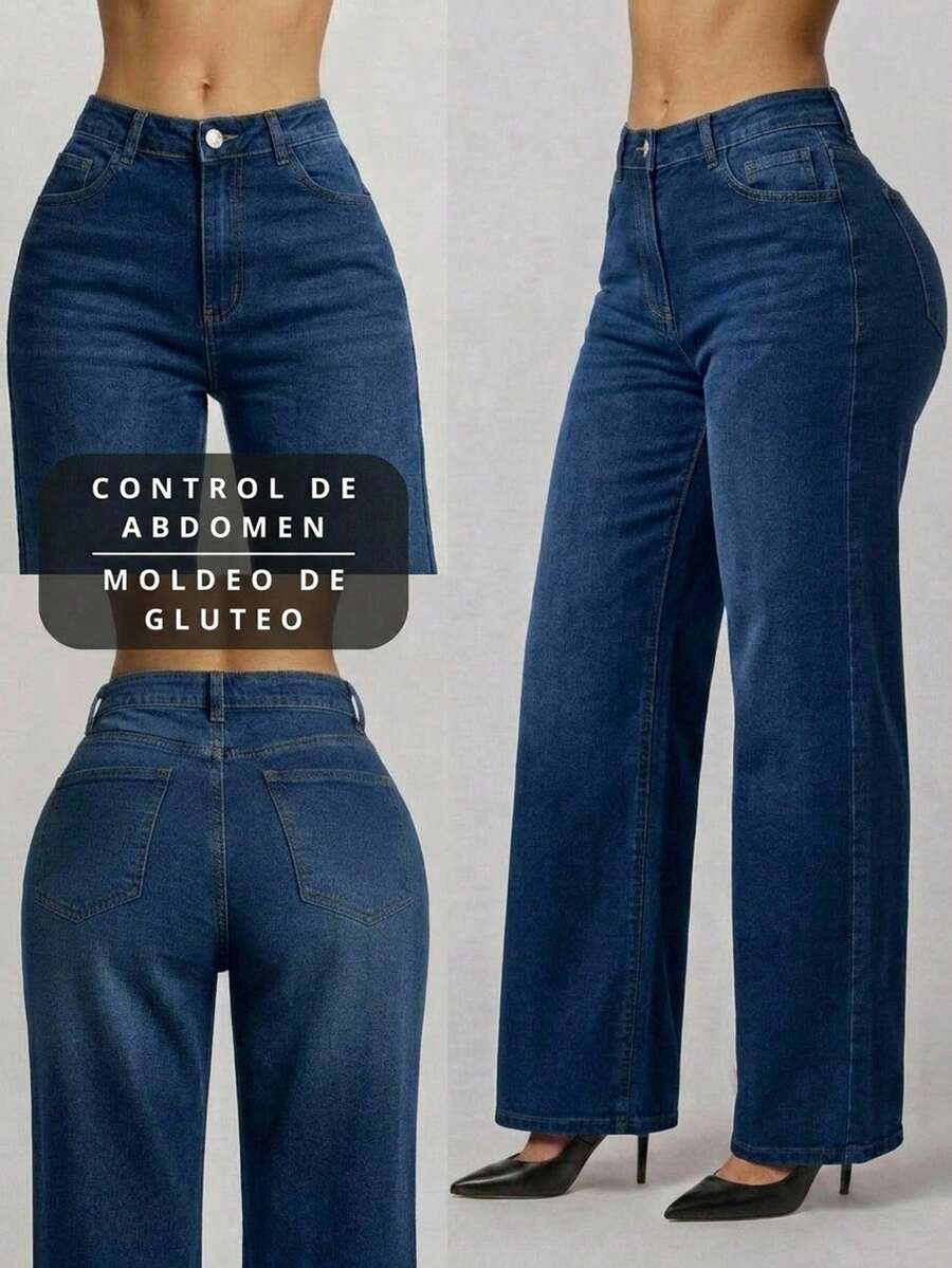 Pantalón Mezclilla Stretch Mujer Corte Amplio Cintura Alta
