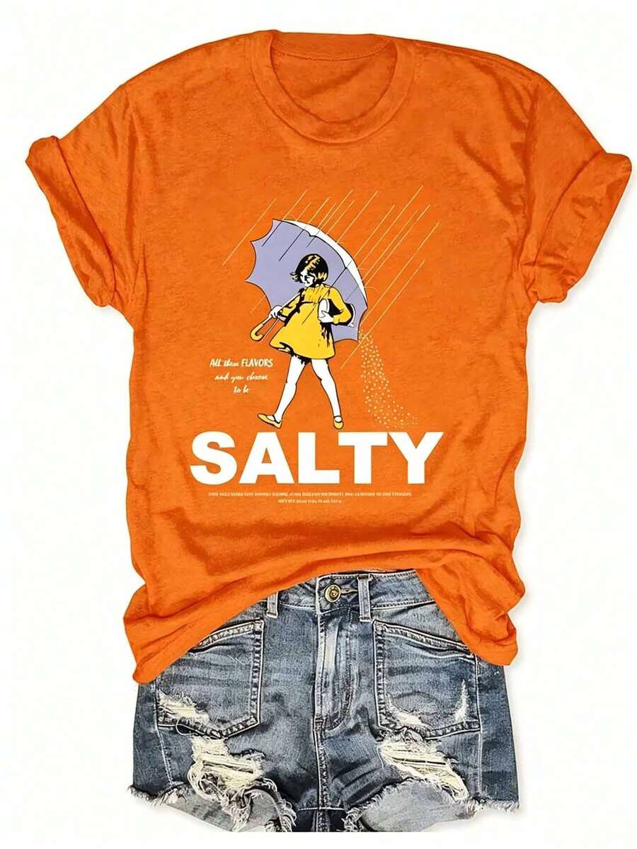Plus Size Salty With Umbrella Graphic Tee - Vintage Style Summer Beachwear For Women, Perfect For Vacation And Everyday Wear, T-Shirt-Unisex - 橘色 - 查看 1