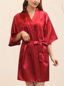 Custom Rhinestone Name Satin Bridal Robe For Women, Pink Morning Robe, Wedding Date Bridesmaid Gift - Red - View 3