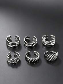 Men's 6pcs Stainless Steel Ring Set, Minimalist Niche Design Leaf Twist Textured Open Ring, Versatile Everyday Wear, Gift For Boyfriend - Silver - View 4