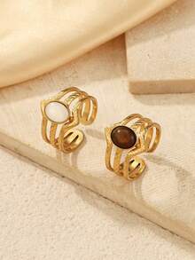 2pcs Stainless Steel Women's 18K Gold Plated Open Adjustable Multi-Layer Rings, Twisted Texture Band Inlaid With Oval Natural Shell Tiger Eye Stone, Vintage Style Daily Party Fashion Jewelry - Yellow Gold - View 2