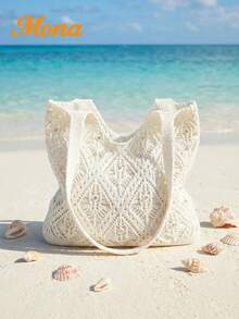 Boho Hollow Knit Tote Bag With Rhinestone Shiny Decor Women Summer Beach Shoulder Bag For Vacation Party Dating Shopping Cruise Travel - Beige - View 6