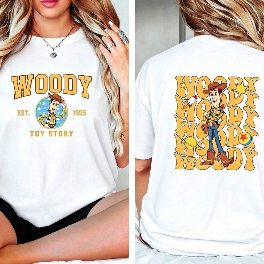 Disney Woody Toy Story Cotton T-Shirt, Casual Short Sleeve Tee For Men Women - 白色 - 查看 1