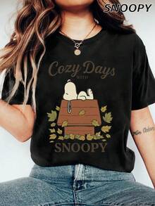 Cozy Days With Snoopy Snoopy 趴在屋頂上的史努比 女款短袖針織簡約百搭圓領寬鬆休閒上衣 T-shirt - 黑色 - 查看 3