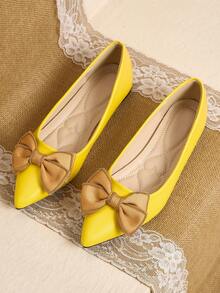 Pointed Toe Low Vamp Bow Flat Shoes, Delicate Satin Texture Soft And High-End, Versatile Shoes. - Bright Yellow - View 14