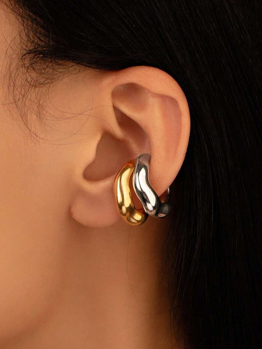 2pcs Women's Gold & Silver Water Ripple Curved Metal Earrings Set - Gold + Silver - View 1