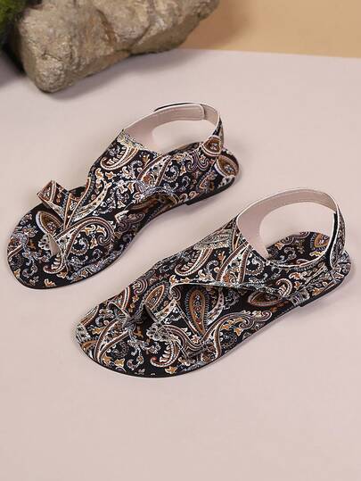 Women's Summer Fashion Elegant Versatile Bohemian Print Thong Sandals, Hook And Loop Flat Shoes
