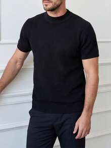 Men's Mid-Neck Textured Knit T-Shirt - Black - View 2