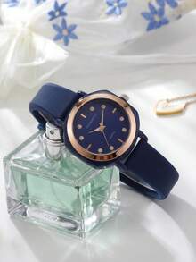 1pc Minimalist & Fashionable Silicon Strap Ladies Quartz Watch, Suitable For Daily Wear And Decor, Rebirth Brand - Navy Blue - View 3