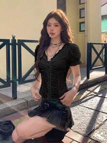 女款純色收褶下擺短袖透氣鏤空百褶開襟修身上衣 夏季黑色 - 黑色 - 查看 5