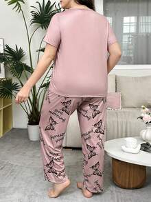 Plus Size Casual Comfortable Butterfly Print Short Sleeve Long Pants Women's Loungewear 2 Pieces Pajama Set - Pink - View 2