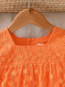 女嬰刺繡短袖網紗連身裙，夏季款 - 橘色 - 查看 3