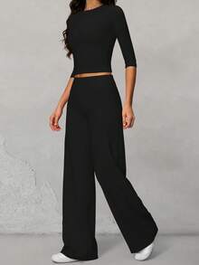 Yefecy 2Pcs Women's Basic Matching Set, Crew Neck Mid Sleeve Top & High Waist Letter Print Wide Leg Pants, Slim Elastic Outfit For Commute, Yoga Sports - Black - View 8