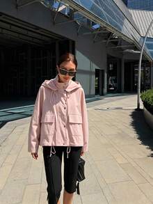 ZAHM Pink Hooded Utility Jacket, Drawstring Waist Casual Versatile Outerwear - Pink - View 3