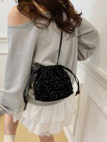 Women's Drawstring Mini Crossbody Bucket Bag, Diamond Quilted Pattern, Daily & Outdoor Use - Black - View 6