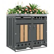 Bin Storage Unit, Lockable, Two Doors, Planting Area, Door Panel With Vertical Wood Grain, Diamond-Shaped Hollow Base - 灰色 - 查看 1