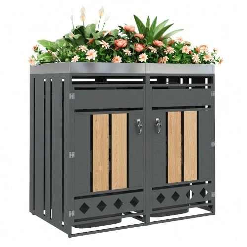 Bin Storage Unit, Lockable, Two Doors, Planting Area, Door Panel With Vertical Wood Grain, Diamond-Shaped Hollow Base - 灰色 - 查看 1