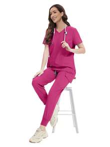 Conjunto de uniforme de médica/enfermera para mujer, bata quirúrgica de sala de operaciones de hospital, ropa de trabajo para spa de belleza - Rosa Fucsia - Ver 6