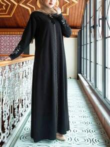 優雅黑色長袖圓領刺繡拉鍊流蘇開襟外套，女款長版梭織面料 Jalabiya Kaftan Abaya 春秋款 - 黑色 - 查看 2