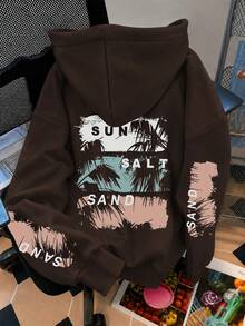 SAND Print Pattern Sweatshirt, Plus Size Women's Casual Autumn/Winter Hooded Sweatshirt, Suitable For Christmas, New Year, Halloween, Daily Wear, Wedding, Beach, Fitness, Graduation, Party, Fashion, Vacation, Commuting, Outing Top, Winter Outfit - Brown - View 1