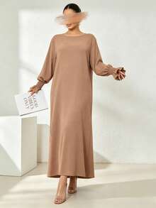 Arabian Style Women's Long Robe Dress, Solid Color Long Sleeve Plus Size Robe, Elastic Cuffs, Conservative Casual Loose Kaftan, Islamic Muslim Dubai Abaya - Multicolor - View 18