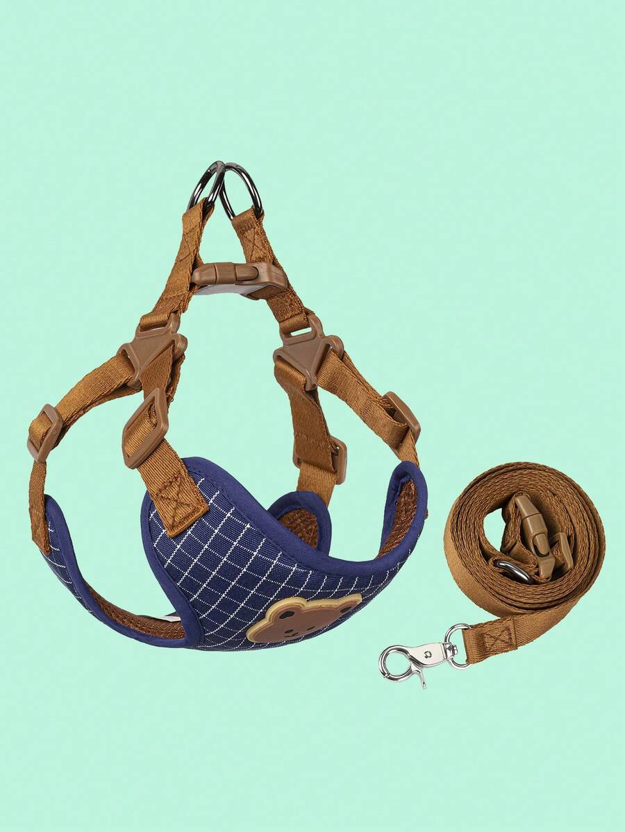 Breathable And Comfortable Polyester Pet Leash Set, Cute Teddy Bear Pattern, Suitable For Small Teddy Bear Outdoor Walking, With Dog Collar - Blue - View 1