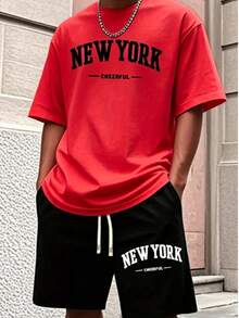 Men'S New York Casual Short Sleeve Black With White Lettering Casual Style| Comfortable Fit, PLUS SIZE  Men's Casual Outfit, Cotton Sportswear Set - 紅色 - 查看 7