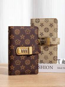 1pc Cash Storage Book, Holds Up To 100 Bills, A6 Size, Password Lock Design, PU Leather, Vintage Classic Print, Rectangular, With Transparent PVC Inner Pocket - A - View 2