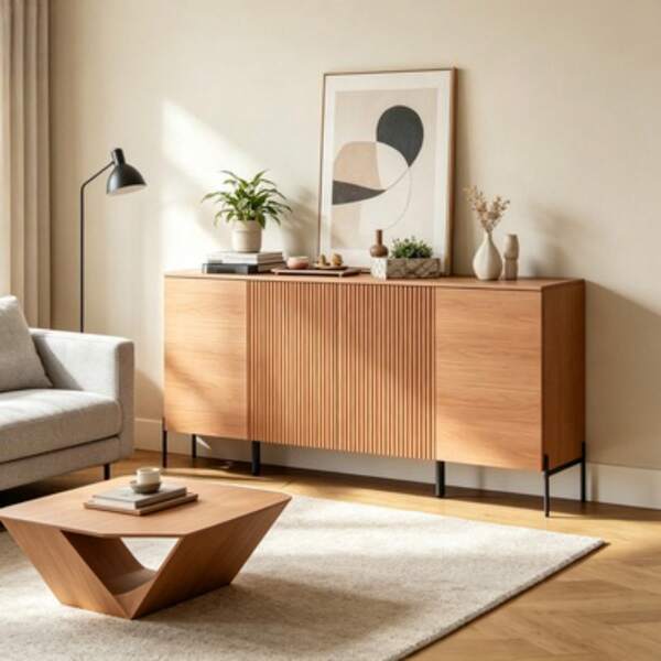 61" Minimalist 4-Door Sideboard With Rectangular Geometric Design And Double Chopstick Leg Base