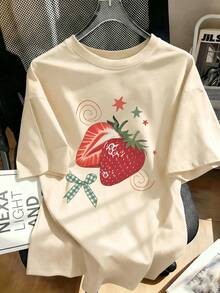 1pc Girls' Summer Sweet Style Strawberry Print T-Shirt, Fresh Plaid Bow & Star Pattern Top, Loose Comfortable Breathable Casual Everyday Versatile Outfit For Energetic Girls, Random 3 Piece, Send 1 Piece - Apricot - View 2
