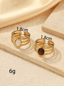 2pcs Stainless Steel Women's 18K Gold Plated Open Adjustable Multi-Layer Rings, Twisted Texture Band Inlaid With Oval Natural Shell Tiger Eye Stone, Vintage Style Daily Party Fashion Jewelry - Yellow Gold - View 4