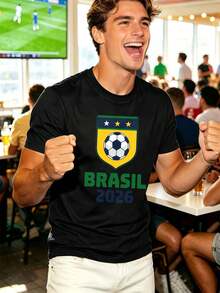 Herren-Fu?Ball-T-S HIR T Brasilien 2026 Im Premium-Baumwoll-Stil, Bequeme Passform, L?Ssiger Look, Einzigartiger Grafikdruck - 黑色 - 查看 1