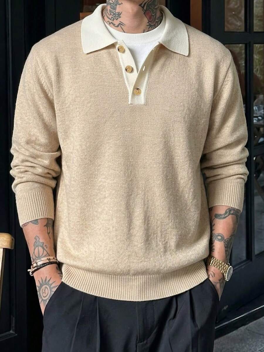 Men's Fashion Casual Vacation Daily Commute Home Wear POLO Collar Button Half Cardigan Long Sleeve Loose Ribbed Pullover Knit Sweater Autumn Winter Style - Khaki - View 1