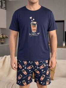 Plus Size 2pcs Men's Pajama Set, Casual Short Sleeve & Shorts Loungewear With Coffee Cup Print - Multicolor - View 3