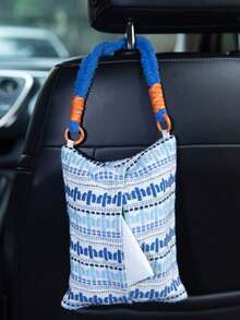 Car Seat Back Tissue Box Holder, Car Hanging Tissue Dispenser, Car Interior Decorative Organizer Bag, Cute Pom Pom Design Tissue Container, Nordic French Fabric Hanging Storage For Vehicle Accessories - Blue - View 9
