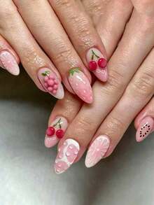 10pcs Kuku Palsu Motif Buah Musim Panas, Bentuk Almond Sedang, Pola Stroberi, Ceri, dan Anggur 3D, Warna Pink Cerah, Penutup Penuh, Dapat Digunakan Kembali, Ujung Kuku Perekat untuk Wanita - MultiWarna - View 1