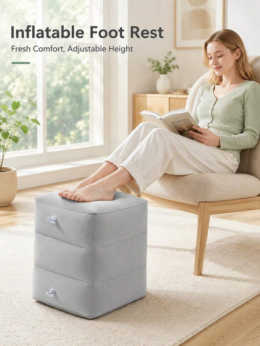 Aesthetic Inflatable Foot Rest Pillow With 3-Layer Design To Expand Seat Space Flocked Washable Adjustable Air Footrest For Kids And Adults Press-To-Inflate 1pc Napping Cushion To Hold Up Legs On Airplane Travel Essentials Travel Accessory