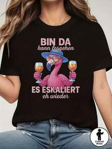 T-Shirt Damen Sommer Vacay Damen Schwarzes Baumwoll-T-Shirt mit normalen Ärmeln, Rundhalsausschnitt, Mallorca Flamingo Drinking Team Grafikdruck, lässiges T-Shirt für den Urlaub - Schwarz - Übersicht 1