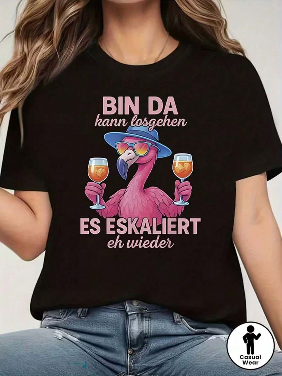 T-Shirt Damen Sommer Vacay Damen Schwarzes Baumwoll-T-Shirt mit normalen Ärmeln, Rundhalsausschnitt, Mallorca Flamingo Drinking Team Grafikdruck, lässiges T-Shirt für den Urlaub - Schwarz - Übersicht 1