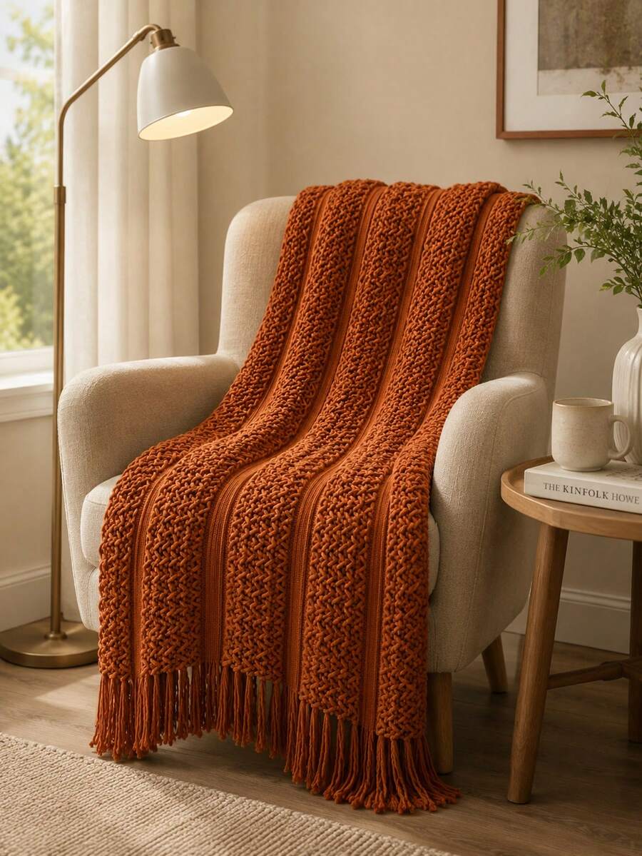 1pc Solid Color Knitted Blanket, Nordic Style Tassel Design Soft Blanket, Office Nap Blanket, Bed Throw, Sofa Blanket, Suitable For Daily Use - Caramelized Towel - View 1