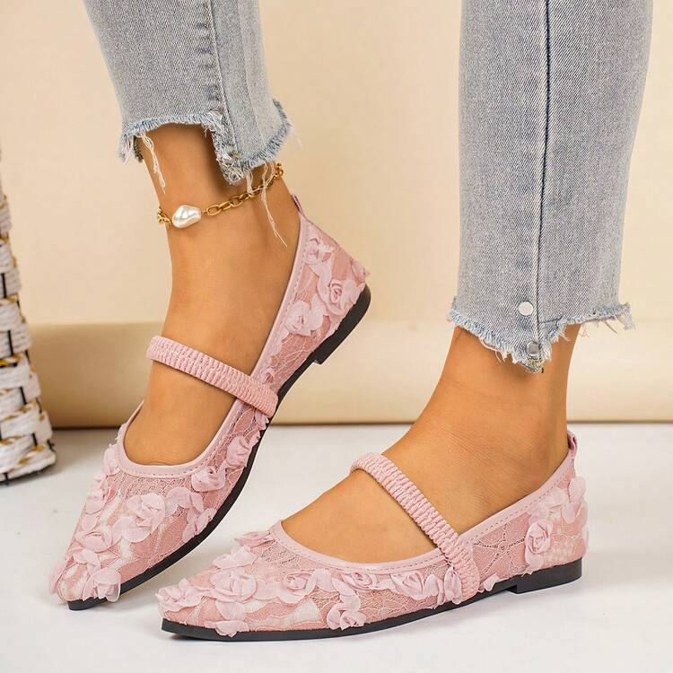 3D Floral Lace Mary Jane Shoes For Women, Elastic Strap Low Vamp Flat Shoes, Spring/Summer Commute Casual Versatile Fairy Style - Baby Pink - View 4
