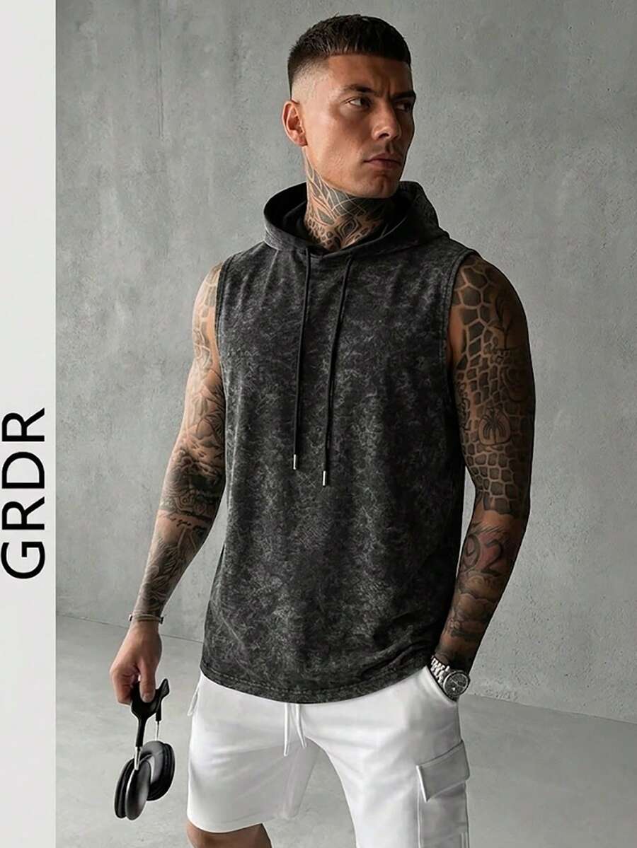 GRDR 男士夏季连帽纯色背心,休闲运动风,时尚简约,适合夏季运动穿搭 - 黑色 - 查看 1