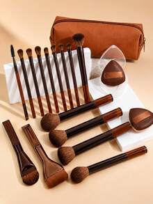 Set de Brochas de Maquillaje - 18 piezas de Alto Valor Multifuncional - Incluye 15 Brochas de Maquillaje + 2 Borlas de Polvo + Bolsa de Maquillaje - Fácil de Transportar - Almacenamiento Práctico - Base de Mango y Maquillaje de Color - Crea un Maquillaje Delicado - Café integral - Ver 2