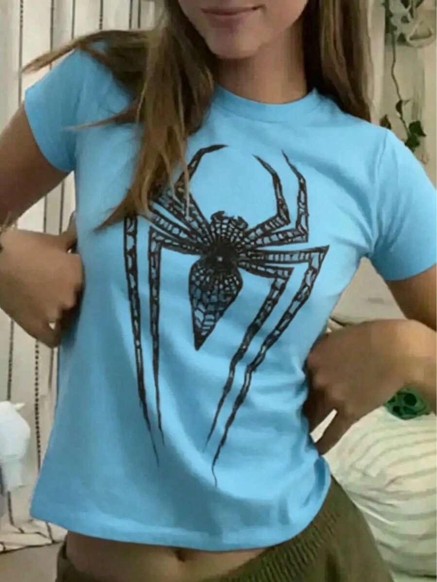Women's Casual Blue Short Sleeve Round Neck Spider Graphic Print Short T-Shirt, Polyester Slight Stretch Tee,Summertrends,Summer Outfit Inspos - 淺藍色 - 查看 1